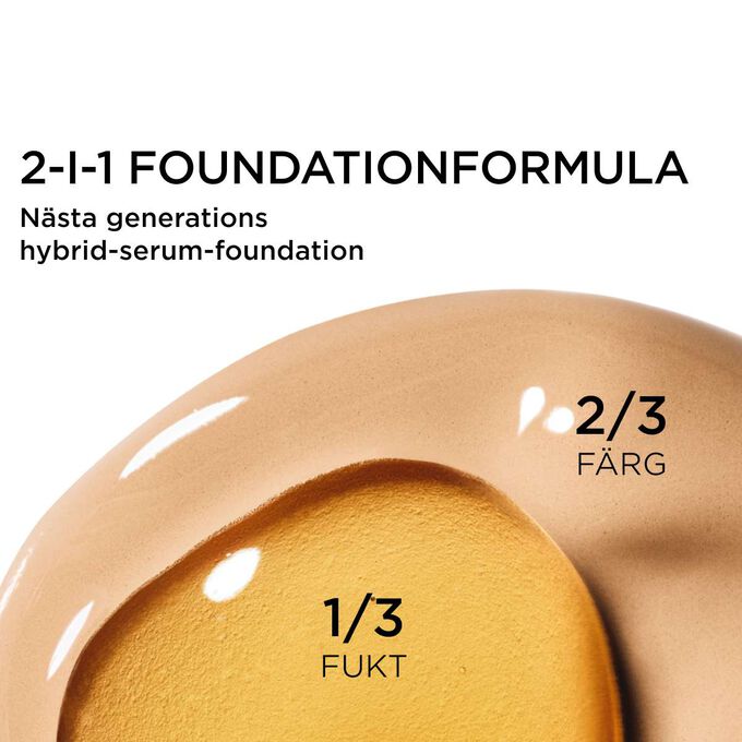 F&ouml;re- och efterbild av en kvinnas ansikte med applicering av serumfoundation, som visar medium till full t&auml;ckning och en ljusande satinliknande finish.