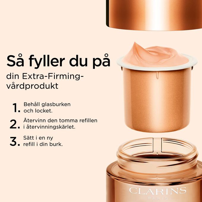 Illustration som f&ouml;rklarar hur du &aring;tervinner din Extra-Firming-v&aring;rdprodukt och visar de olika stegen att f&ouml;lja f&ouml;r korrekt &aring;tervinning.