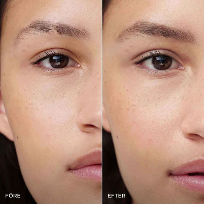F&ouml;re- och efterbild av en kvinnas bryn med Clarins 2-i-1 Warm Brown Brow Pencil, som visar fylligare, mer definierade och strukturerade resultat.