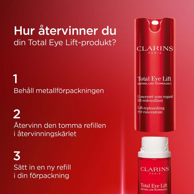 Hur man &aring;tervinner Clarins Total Eye Lift: Beh&aring;ll metallf&ouml;rpackningen, &aring;tervinn den tomma refillen och s&auml;tt i en ny refill i f&ouml;rpackningen.