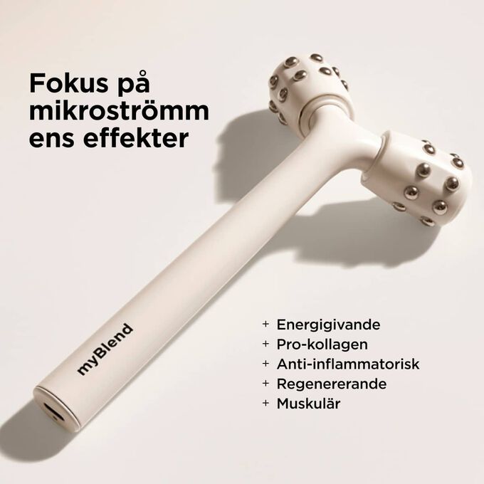 Vit myLIFTINGroller f&ouml;r lyftande ansiktsmassage med lista &ouml;ver mikrostr&ouml;mmens anti-ageing-effekter.