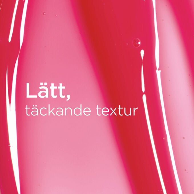 Texturerad, glansig rosa bakgrund med text som framh&auml;ver den l&auml;tta, j&auml;mna appliceringstexturen hos Lip Oil Love Collection.