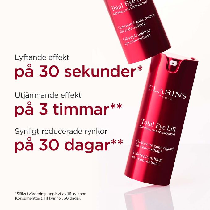 Packshot av Clarins Total Eye Lift med text som framhäver dess lyftande effekt på 30 sekunder, utjämnande effekt på 3 timmar och rynkreducering på 30 dagar.